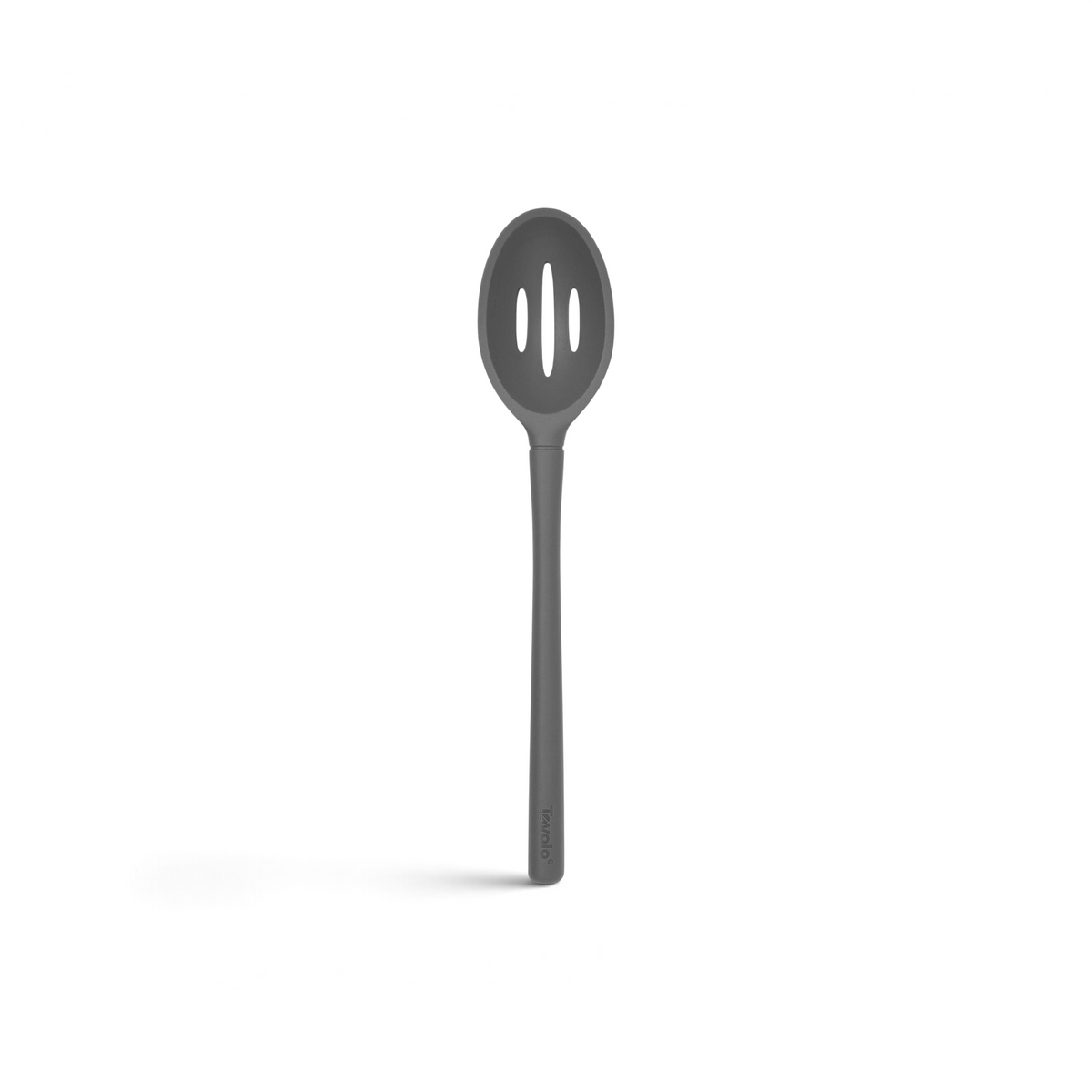 The tovolo Flex-Core Silicone Slotted Deep Spoon features a gray, heat-resistant design with two oval slots, a long handle, and is safe for nonstick cookware—perfect for cooking and draining food with ease.