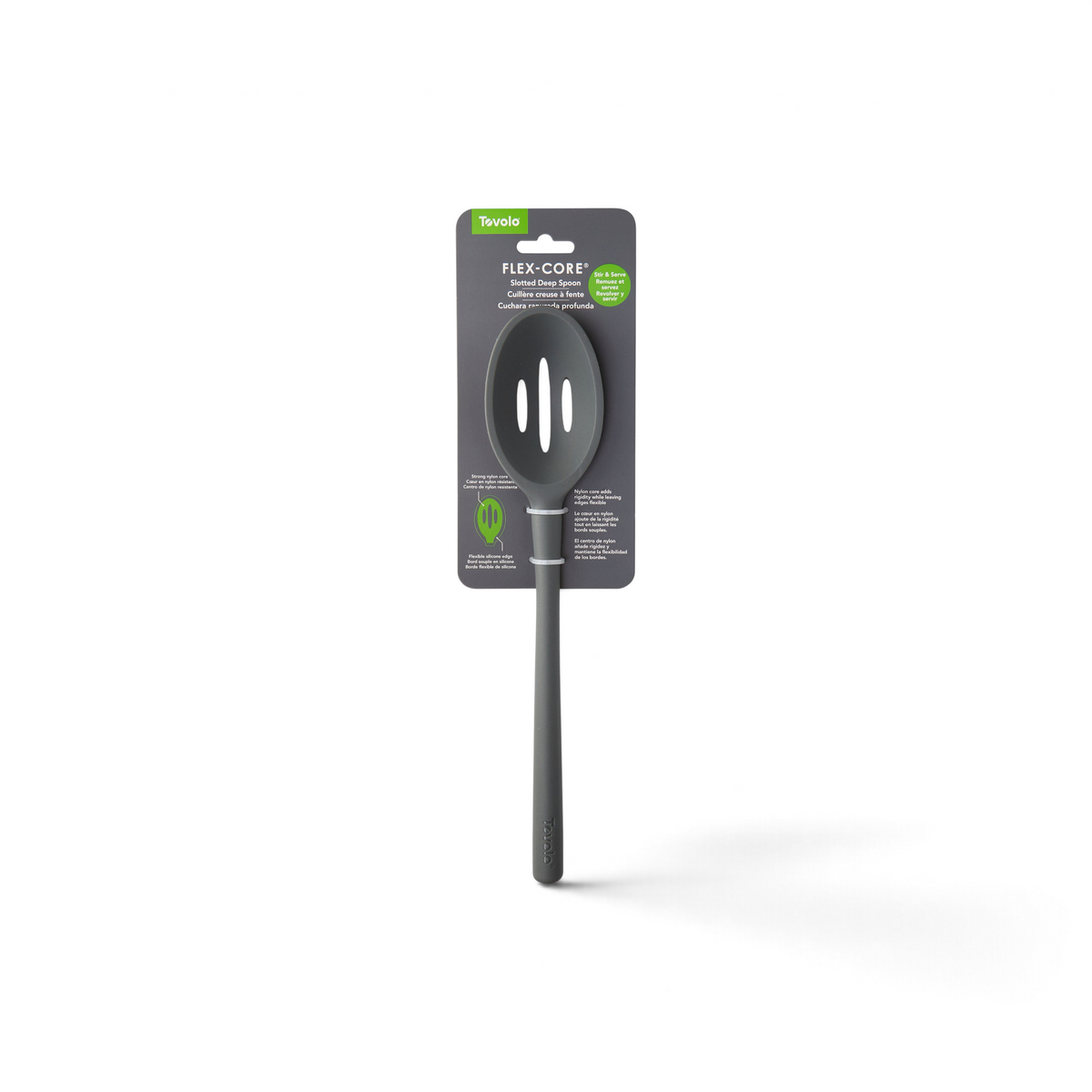 A tovolo Flex-Core Silicone Slotted Deep Spoon is shown in its packaging, with a long handle and a black nonstick-safe head for stirring and draining food. The dark gray package displays green and white text.