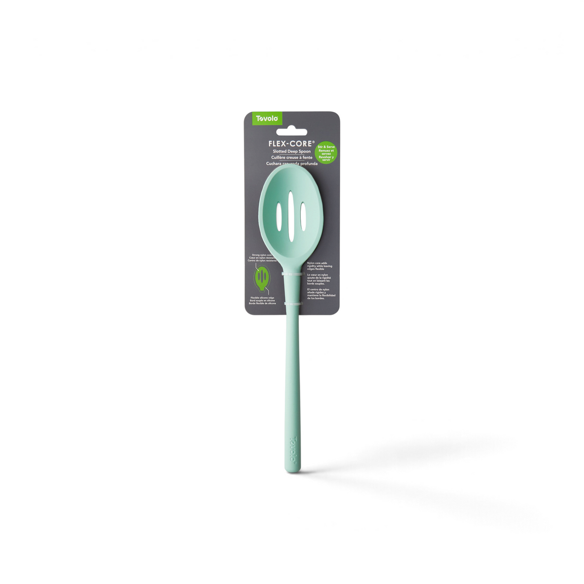 A mint green Flex-Core Silicone Slotted Deep Spoon by tovolo features a flexible, heat-resistant head that’s safe for all nonstick cookware, attached to gray and green branded packaging.
