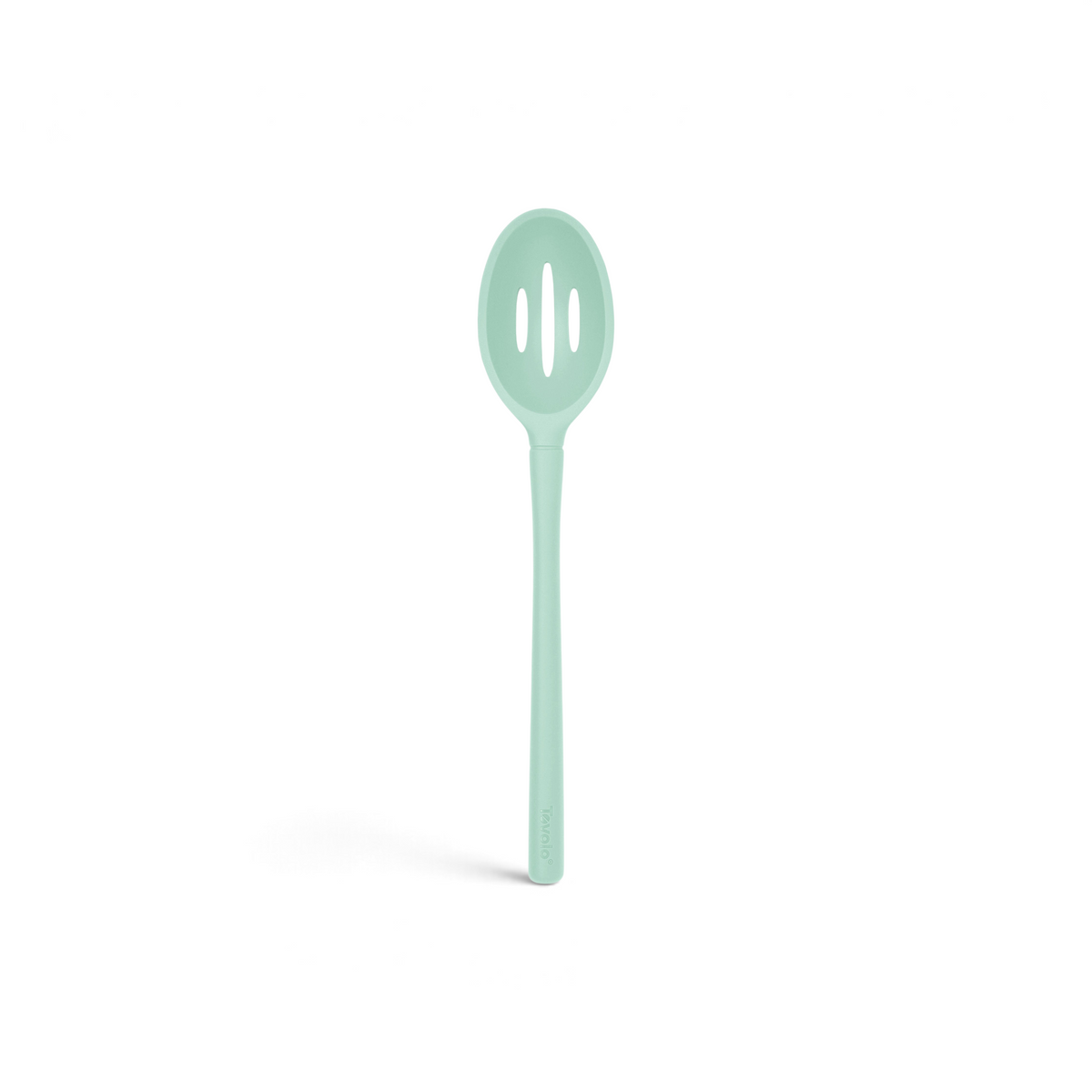 The tovolo Flex-Core Silicone Slotted Deep Spoon features a light green, oval head with two long slots. Heat-resistant and safe for nonstick cookware, it’s perfect for straining food while serving.
