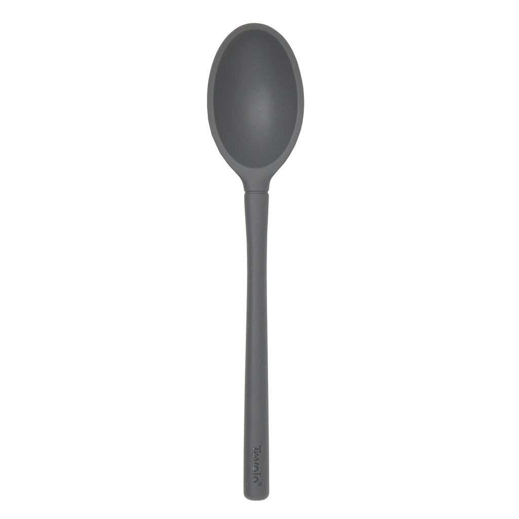 The tovolo Flex-Core Silicone Deep Spoon, shown against a white background, is a dark gray, heat-resistant kitchen utensil featuring a long handle and an oval-shaped bowl.