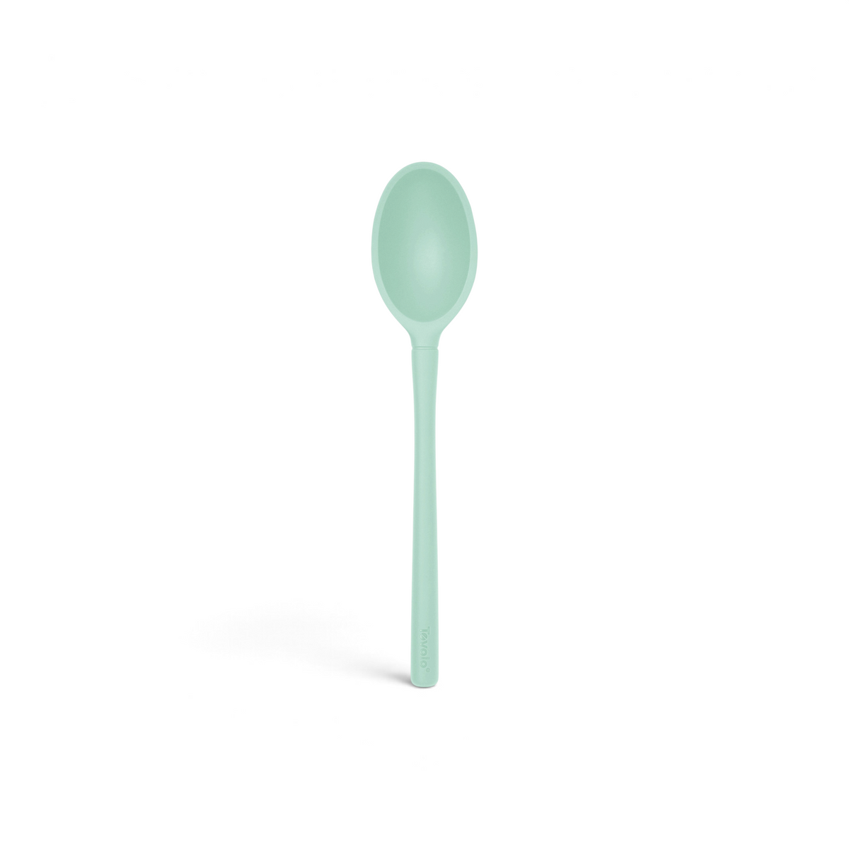 The tovolo Flex-Core Silicone Deep Spoon features a light green, long handle and an oval-shaped bowl, displayed against a plain white background.
