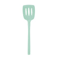 The tovolo Flex-Core Silicone Slotted Turner is a light green, long-handled spatula designed for nonstick cookware, shown on a plain white background.