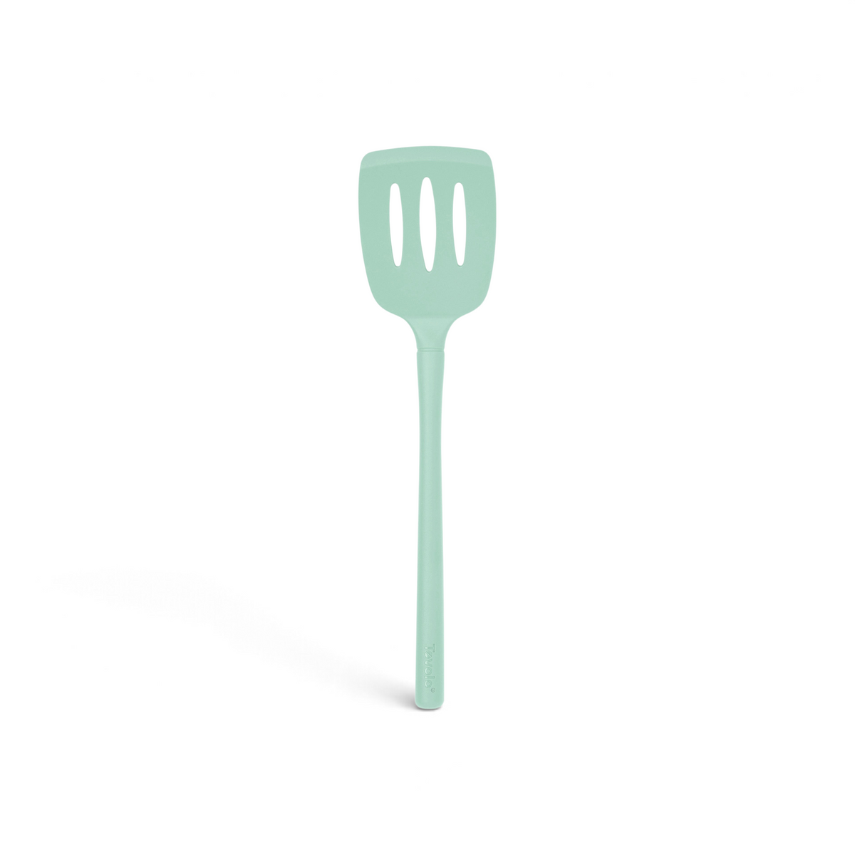 The tovolo Flex-Core Silicone Slotted Turner is a light green, long-handled spatula designed for nonstick cookware, shown on a plain white background.