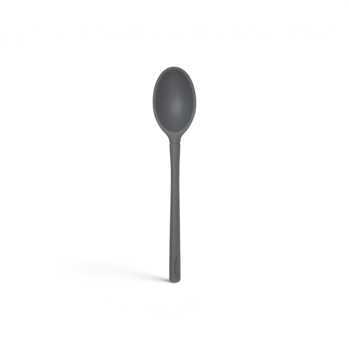 The tovolo Flex-Core Silicone Deep Spoon, featuring a long handle and dark gray color, is displayed against a white background.
