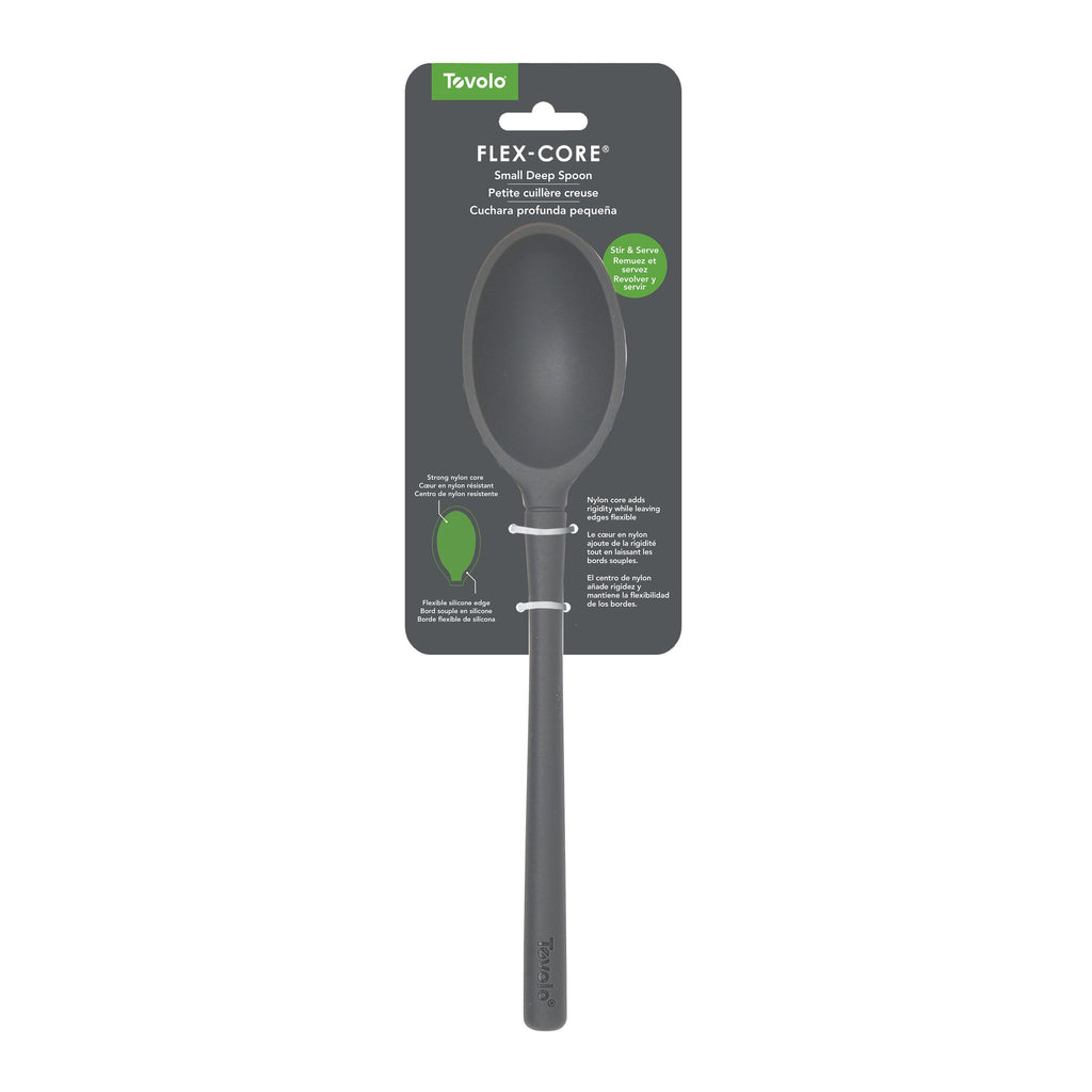 A tovolo Flex-Core Silicone Deep Spoon is shown in its packaging. Made from BPA-free, heat-resistant silicone, this utensil is perfect for serving and scraping.