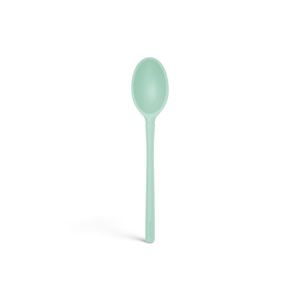 The tovolo Flex-Core Silicone Deep Spoon features a mint green color, an oval-shaped bowl, and a long handle; it is shown against a white background.