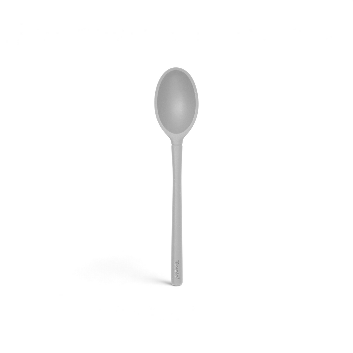 A single gray tovolo Flex-Core Silicone Deep Spoon with a smooth, rounded bowl and long handle is centered on a white background, highlighting its versatility and heat-resistant design.