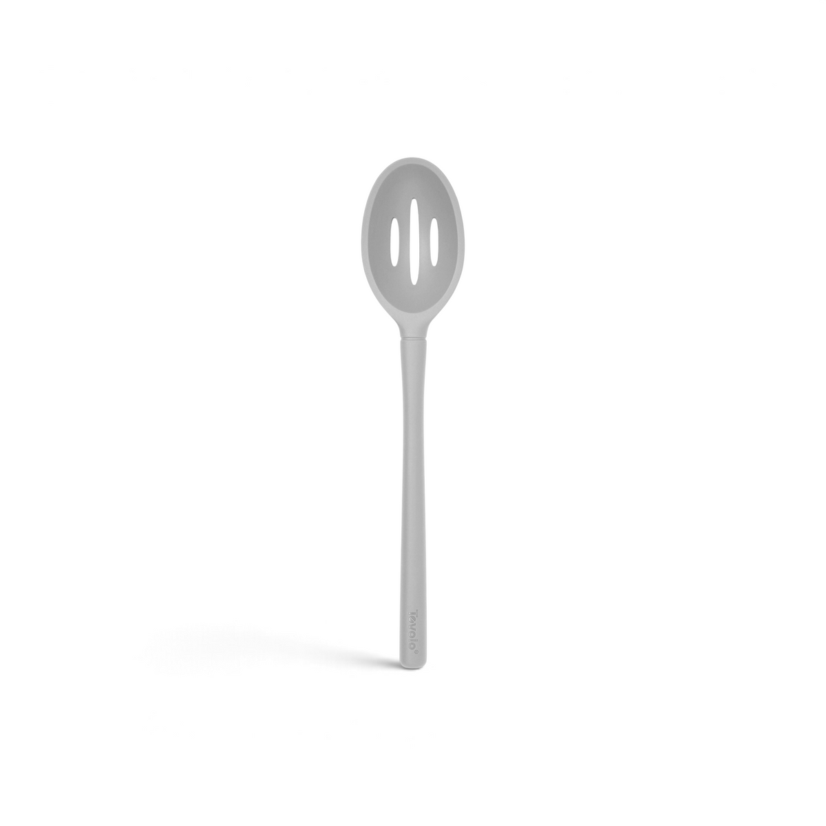 The tovolo Flex-Core Silicone Slotted Deep Spoon features a gray, oval-shaped head with three vertical slots for easy draining and a long, straight handle. This heat-resistant utensil is perfect for serving food while keeping your hands safe.