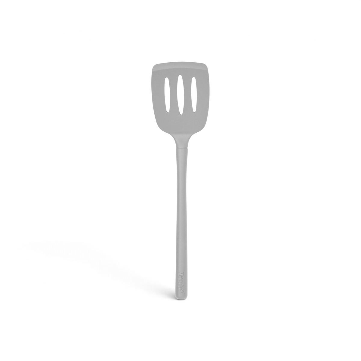 The tovolo Flex-Core Silicone Slotted Turner is shown against a white background. Featuring three slots and a curved edge, its long handle and flexible head make it ideal for use with nonstick cookware.