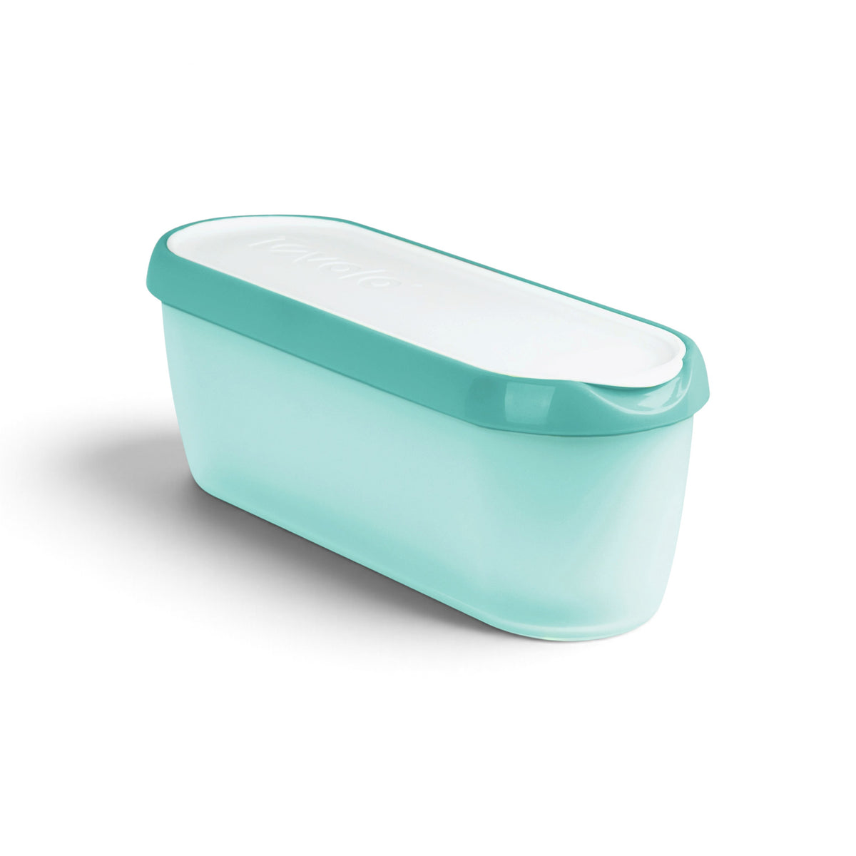 The Glide-A-Scoop Ice Cream Tub is a light blue, rectangular airtight container with rounded edges, a matching blue rim, and a white curved lid—perfect for keeping your homemade ice cream fresh.