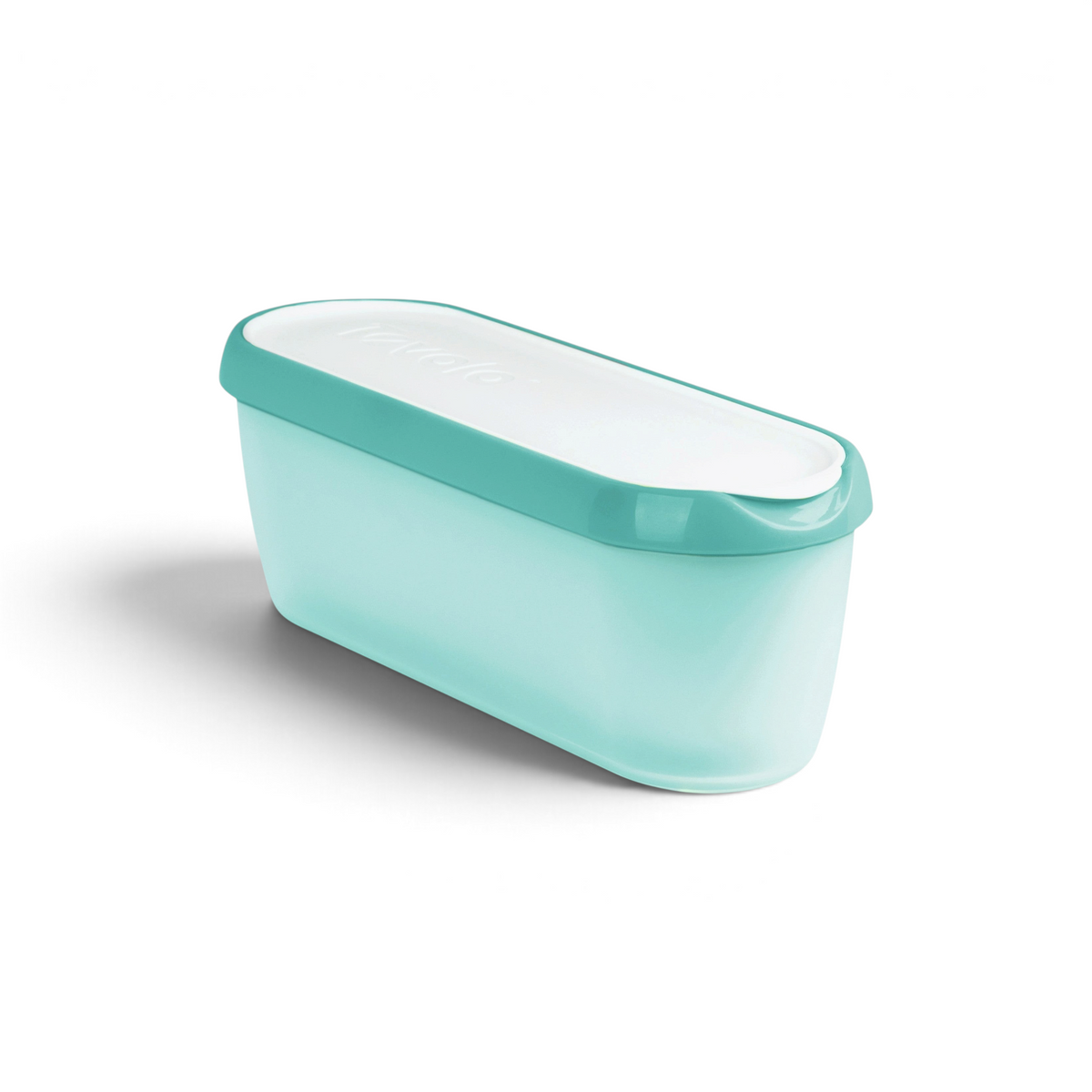 The Glide-A-Scoop Ice Cream Tub is a light blue, rectangular airtight container with rounded edges, a matching blue rim, and a white curved lid—perfect for keeping your homemade ice cream fresh.