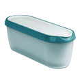 The Glide-A-Scoop Ice Cream Tub is a rectangular white plastic airtight container with a teal lid, ideal for food storage or organization, shown against a plain white background.