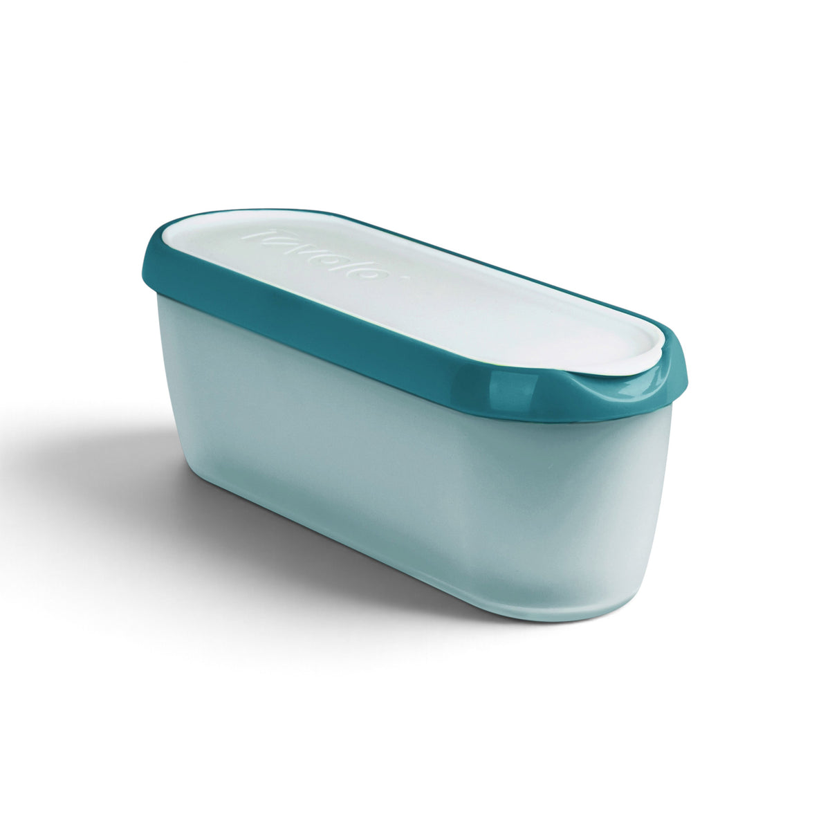 The Glide-A-Scoop Ice Cream Tub is a rectangular white plastic airtight container with a teal lid, ideal for food storage or organization, shown against a plain white background.