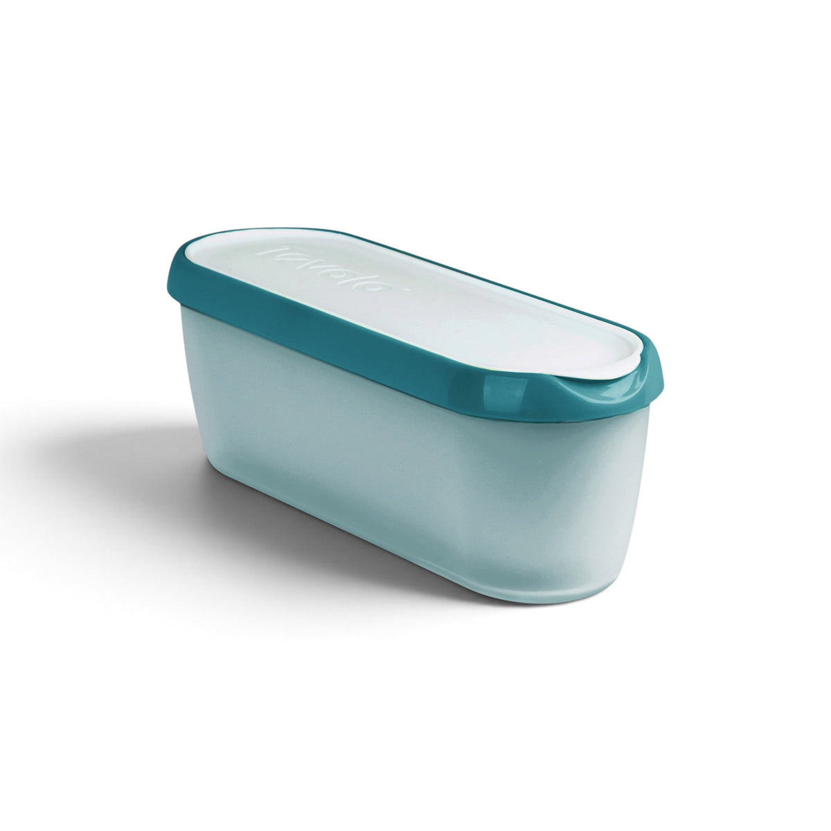 The Glide-A-Scoop Ice Cream Tub is a rectangular white plastic airtight container with a teal lid, ideal for food storage or organization, shown against a plain white background.