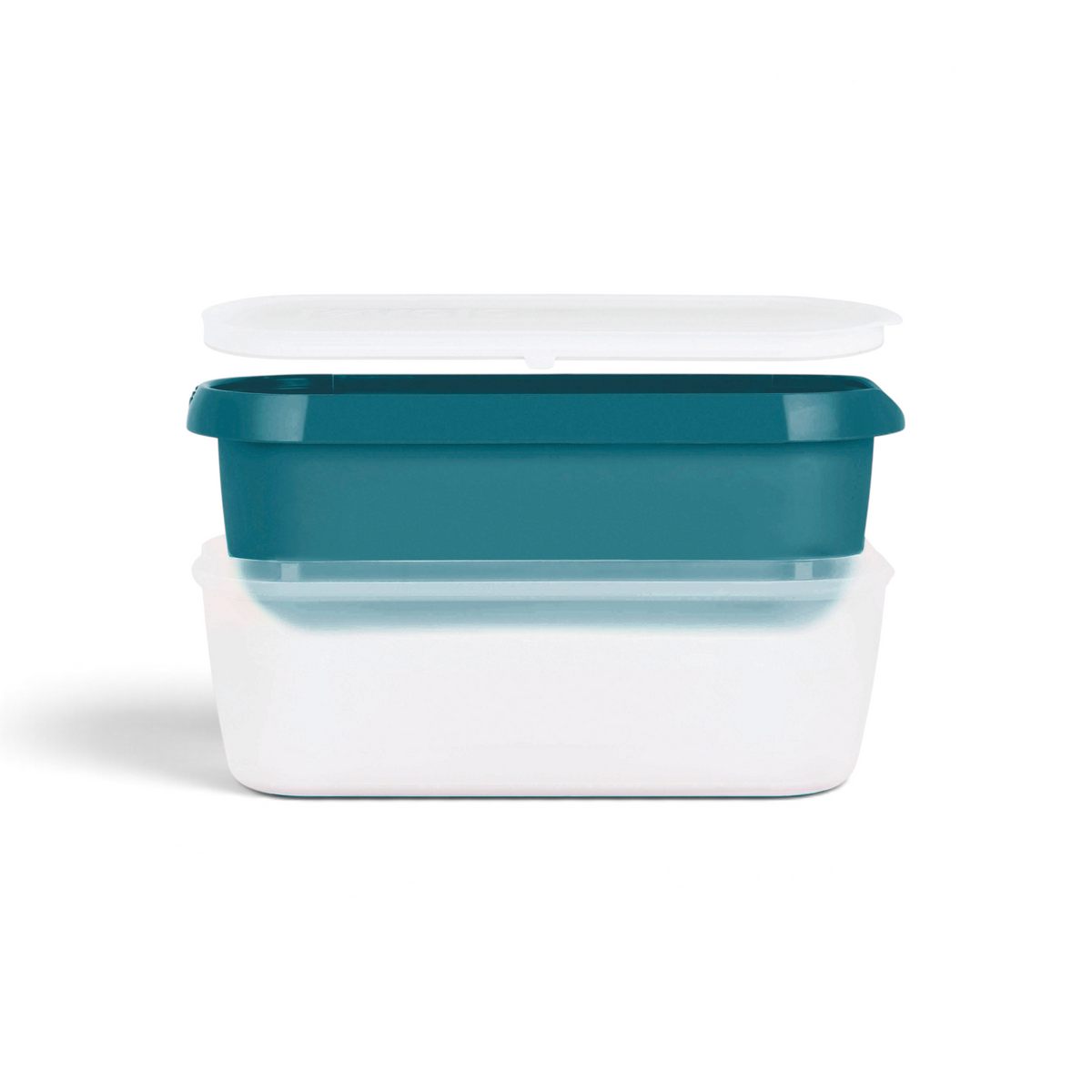 The Glide-A-Scoop Ice Cream Tub features two rectangular plastic containers (teal and clear) with a white lid, designed to keep your homemade ice cream fresh with an airtight seal.