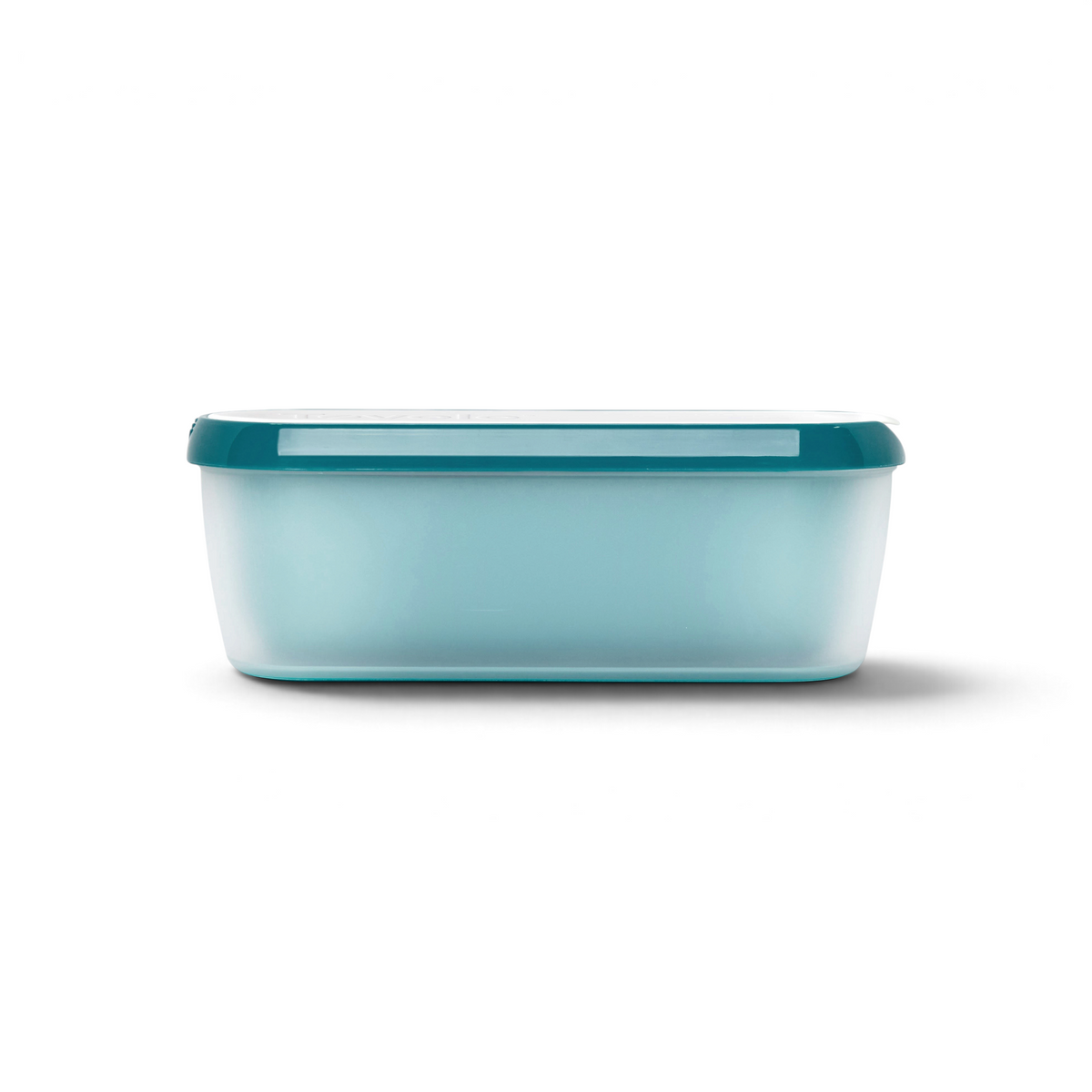 A rectangular, translucent Glide-A-Scoop Ice Cream Tub with a teal lid, shown from the side against a plain white background.
