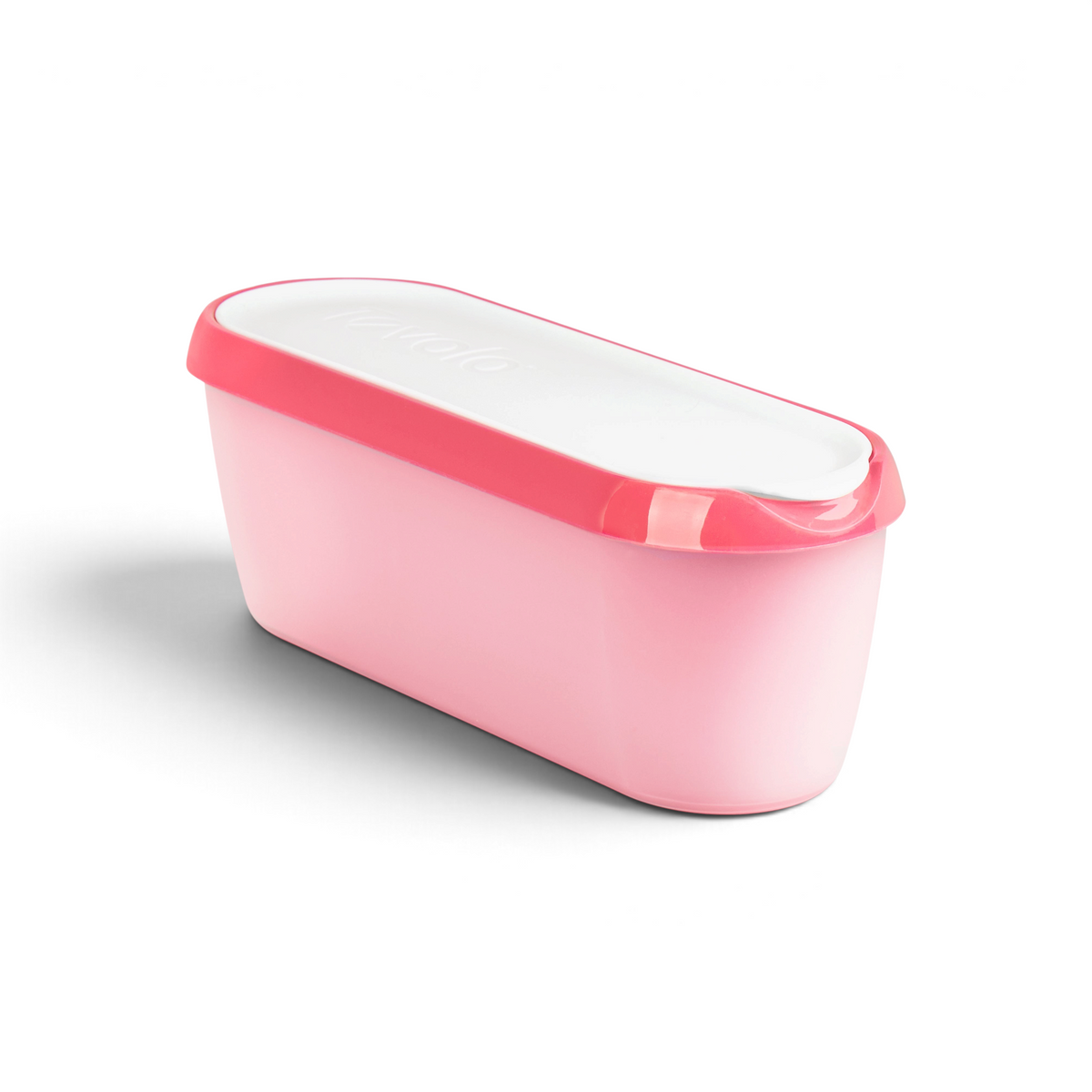 The Glide-A-Scoop Ice Cream Tub is a rectangular, light pink airtight container with a white lid and dark pink rim, shown at an angle on a white background.