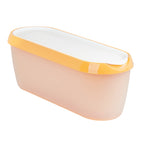 The Glide-A-Scoop Ice Cream Tub is a rectangular, light pink container with a white lid and yellow rim, designed to keep homemade ice cream fresh.