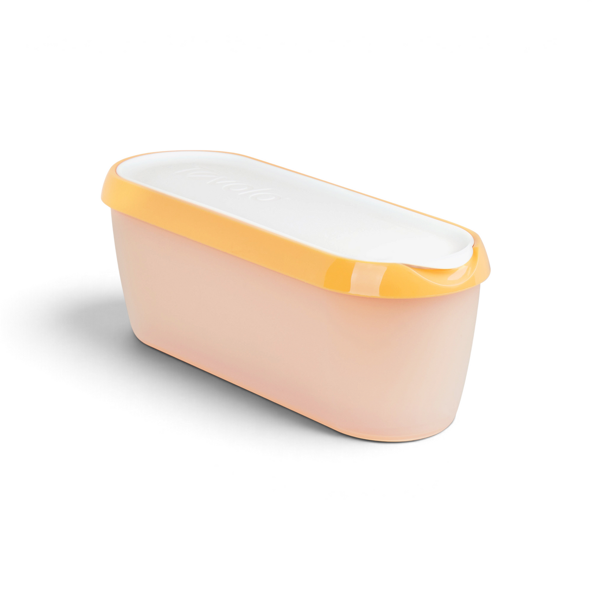 The Glide-A-Scoop Ice Cream Tub is a rectangular, light pink container with a white lid and yellow rim, designed to keep homemade ice cream fresh.