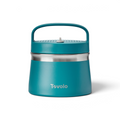The Insulated Food Traveler by Tovolo, in teal stainless steel, features a wide band, top handle, and screw-on lid for a spill-proof travel container, shown against a white background.