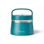 The Insulated Food Traveler by Tovolo, in teal stainless steel, features a wide band, top handle, and screw-on lid for a spill-proof travel container, shown against a white background.
