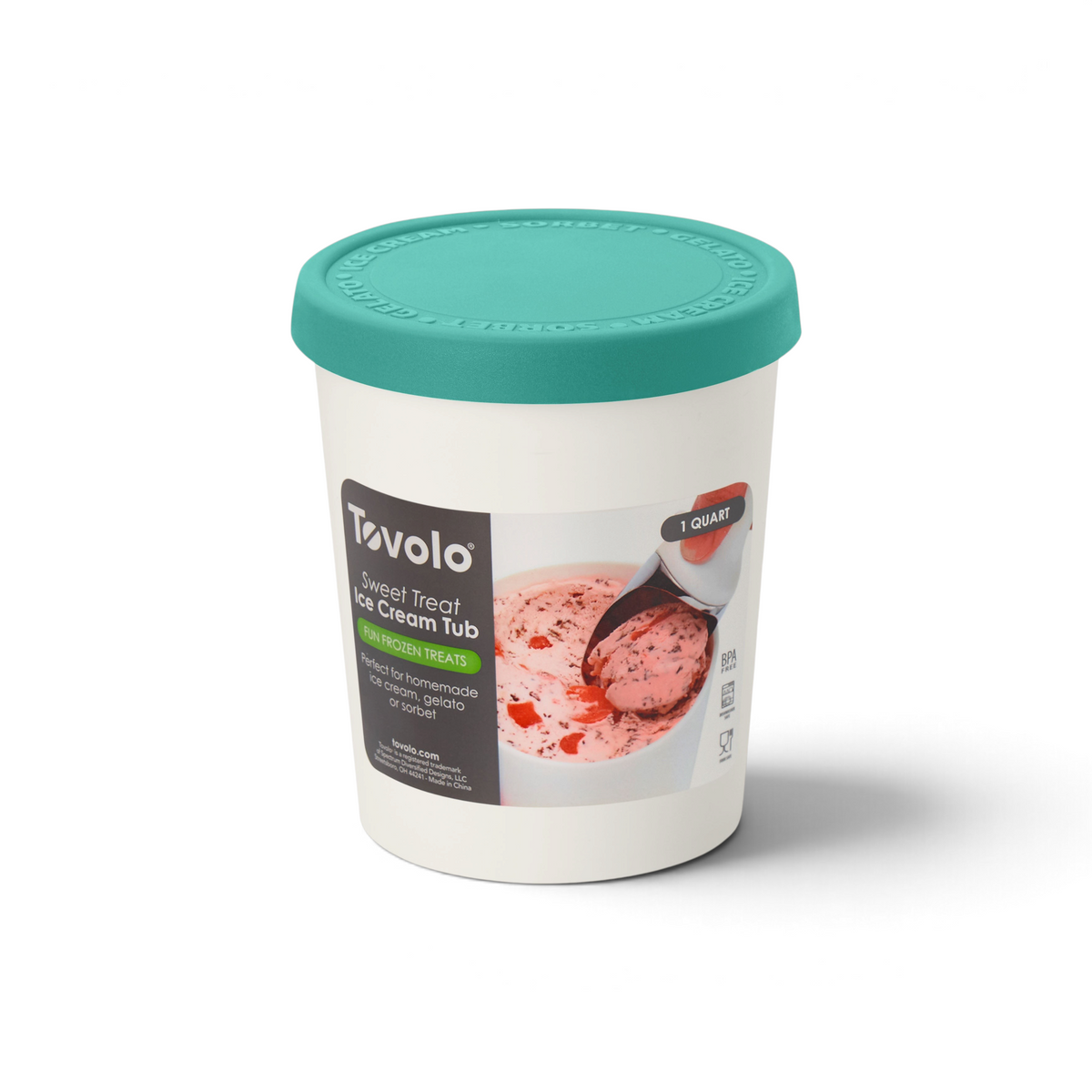 The Sweet Treats Tub is a white 1-quart container with a teal silicone lid and label showing strawberry ice cream being scooped. It helps prevent freezer burn, making it ideal for storing homemade or store-bought frozen treats.