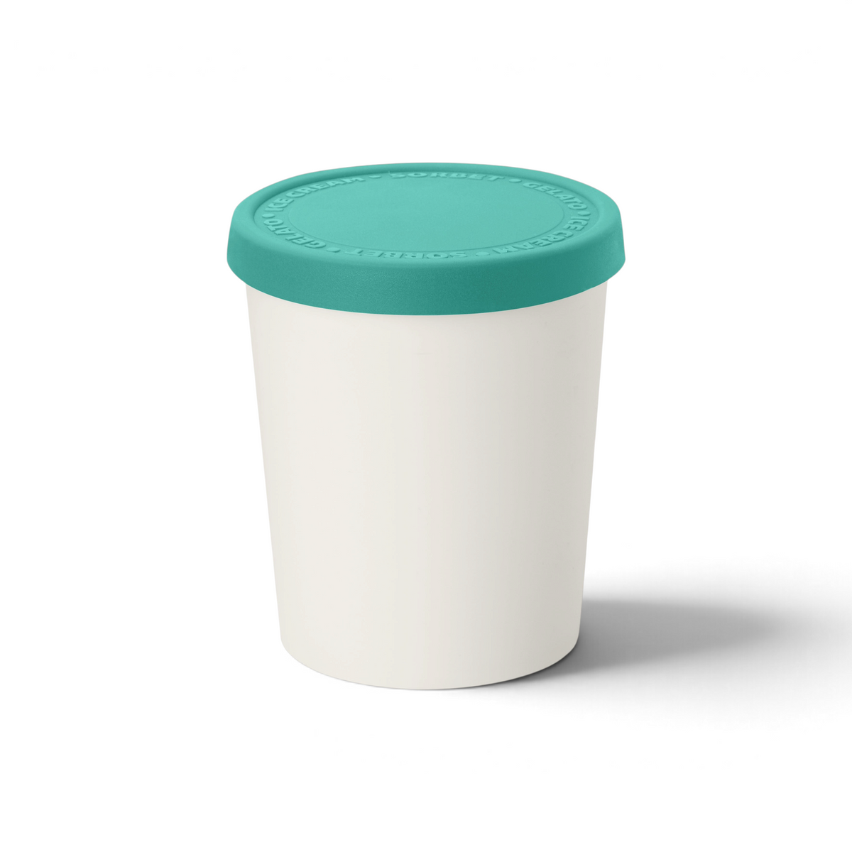 The Sweet Treats Tub is a white cylindrical container with a turquoise silicone lid, designed for homemade ice cream and shown against a plain background to help prevent freezer burn.