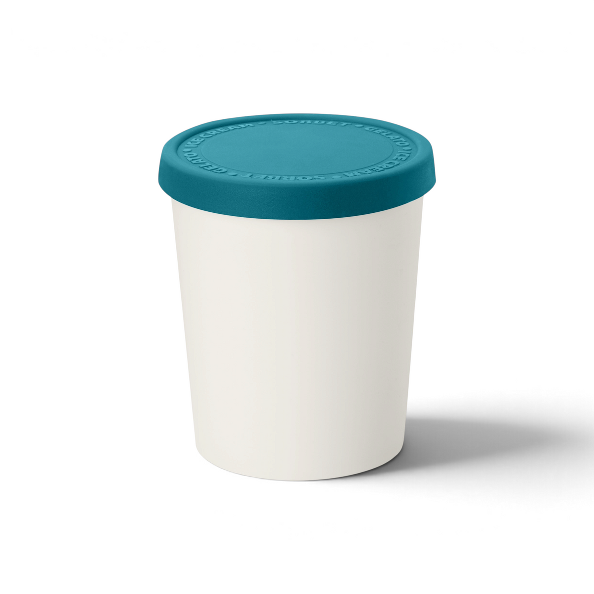 The Sweet Treats Tub, a white cylindrical homemade ice cream container with a teal silicone lid for freezer burn prevention, is displayed against a plain white background.