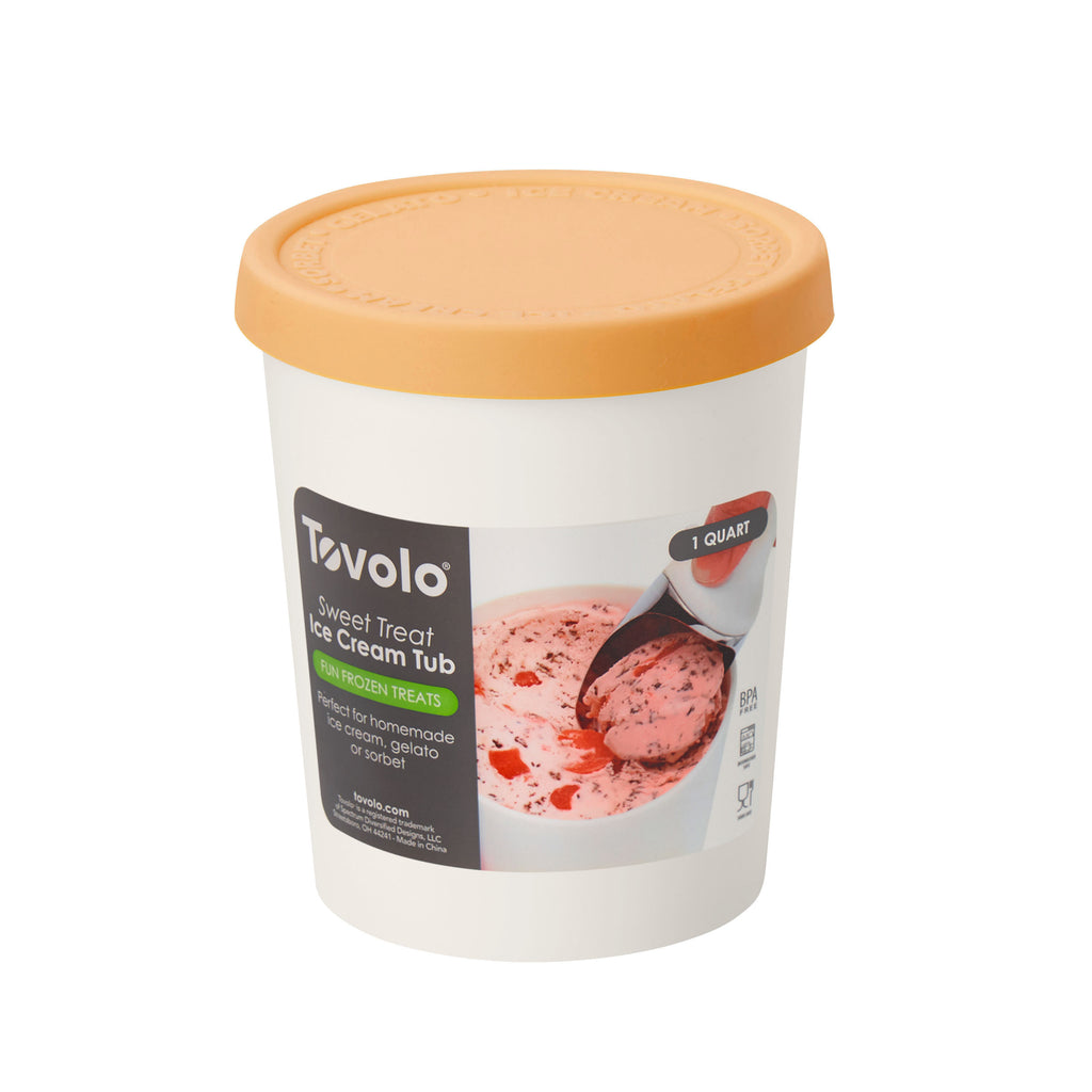 A white Sweet Treats Tub with a tan silicone lid, labeled accordingly, holds 1 quart of homemade ice cream and prevents freezer burn. Features an image of pink ice cream being scooped.