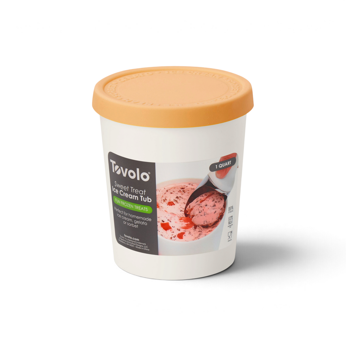 A white Sweet Treats Tub with a tan silicone lid, labeled accordingly, holds 1 quart of homemade ice cream and prevents freezer burn. Features an image of pink ice cream being scooped.