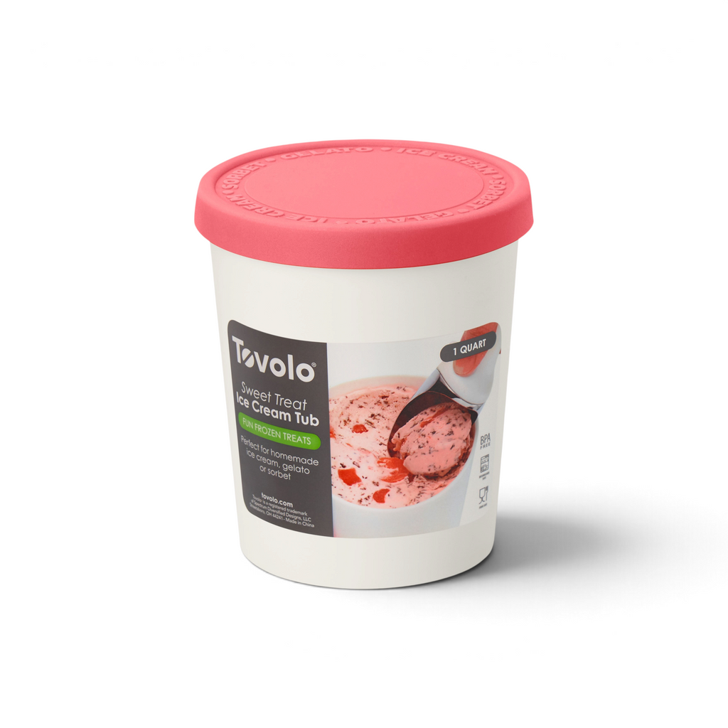 The Sweet Treats Tub is a white homemade ice cream container with a red silicone lid that helps prevent freezer burn. The 1-quart tub is ideal for storing homemade or store-bought ice cream, gelato, or sorbet.