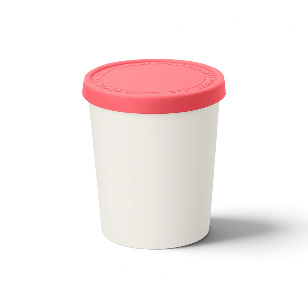 The Sweet Treats Tub is a white cylindrical homemade ice cream container with a flat, round pink silicone lid, displayed on a plain white background, perfect for preventing freezer burn.