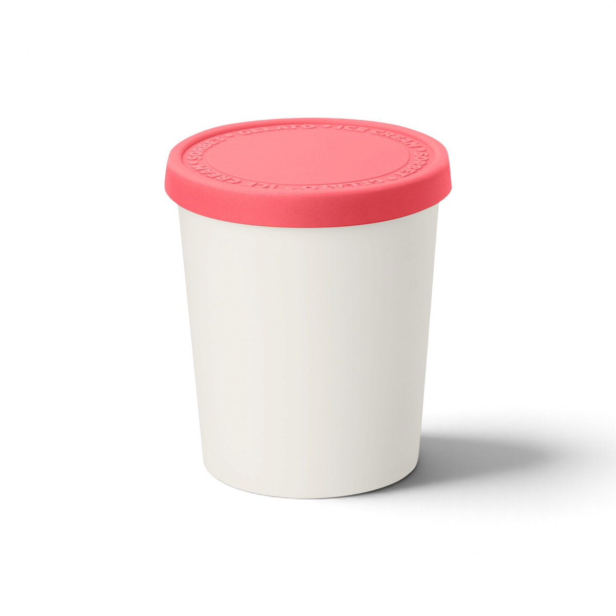 Tovolo Sweet Treats Tub with a white container and a pink silicone lid for storing homemade ice cream