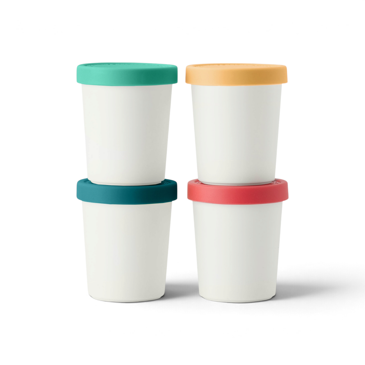 Four Mini Sweet Treats Tubs are stacked in two columns, each with a colorful silicone lid—teal, yellow, dark teal, and coral pink—set against a white background for stylish freezer burn prevention.