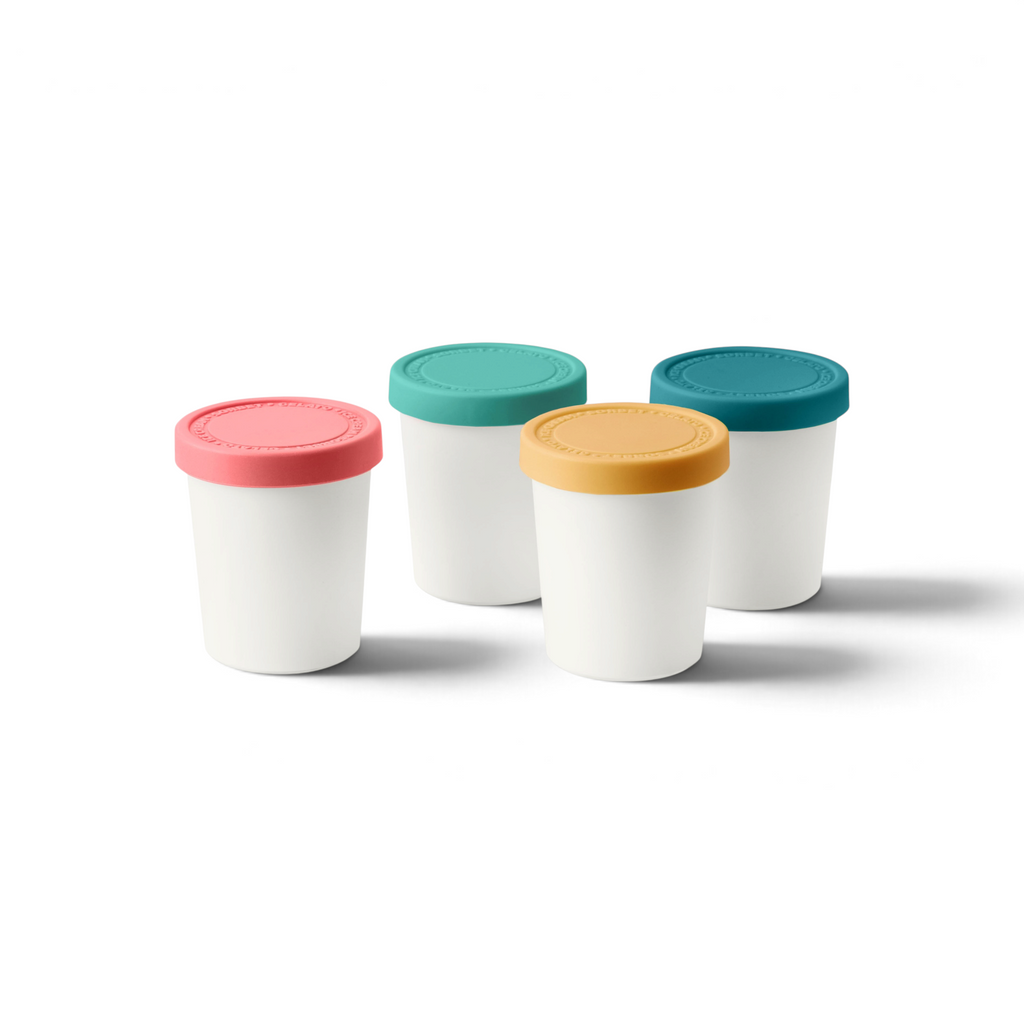 Four Mini Sweet Treats Tubs with colorful silicone lids—pink, teal, yellow, and blue—are arranged on a white background, ideal for preventing freezer burn.