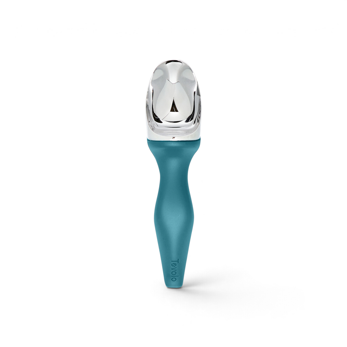 The Tilt Up Ice Cream Scoop features a shiny stainless steel head and a teal ergonomic handle for easy scooping, shown on a white background.