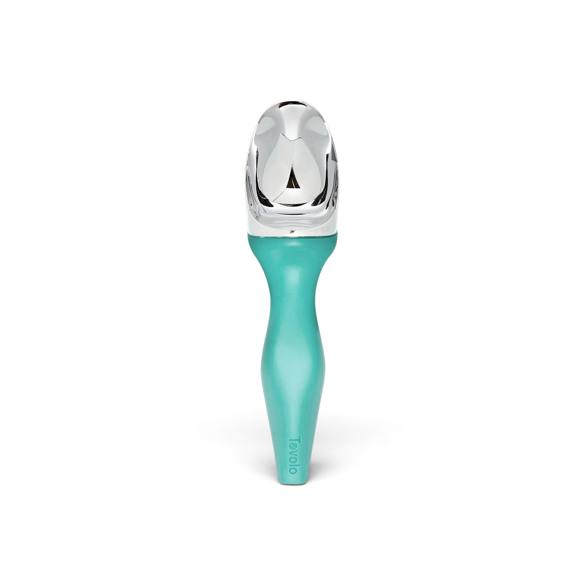 The Tilt Up Ice Cream Scoop, made of stainless steel and zinc alloy with a teal ergonomic handle, is shown from above on a white background and is designed for effortless scooping.