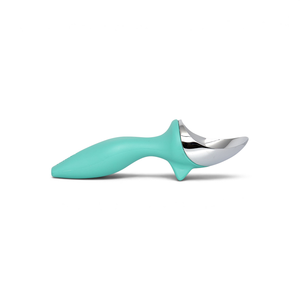 The Tilt Up Ice Cream Scoop features a shiny silver zinc alloy head and a curved, ergonomic turquoise handle for effortless scooping, shown isolated on a white background.