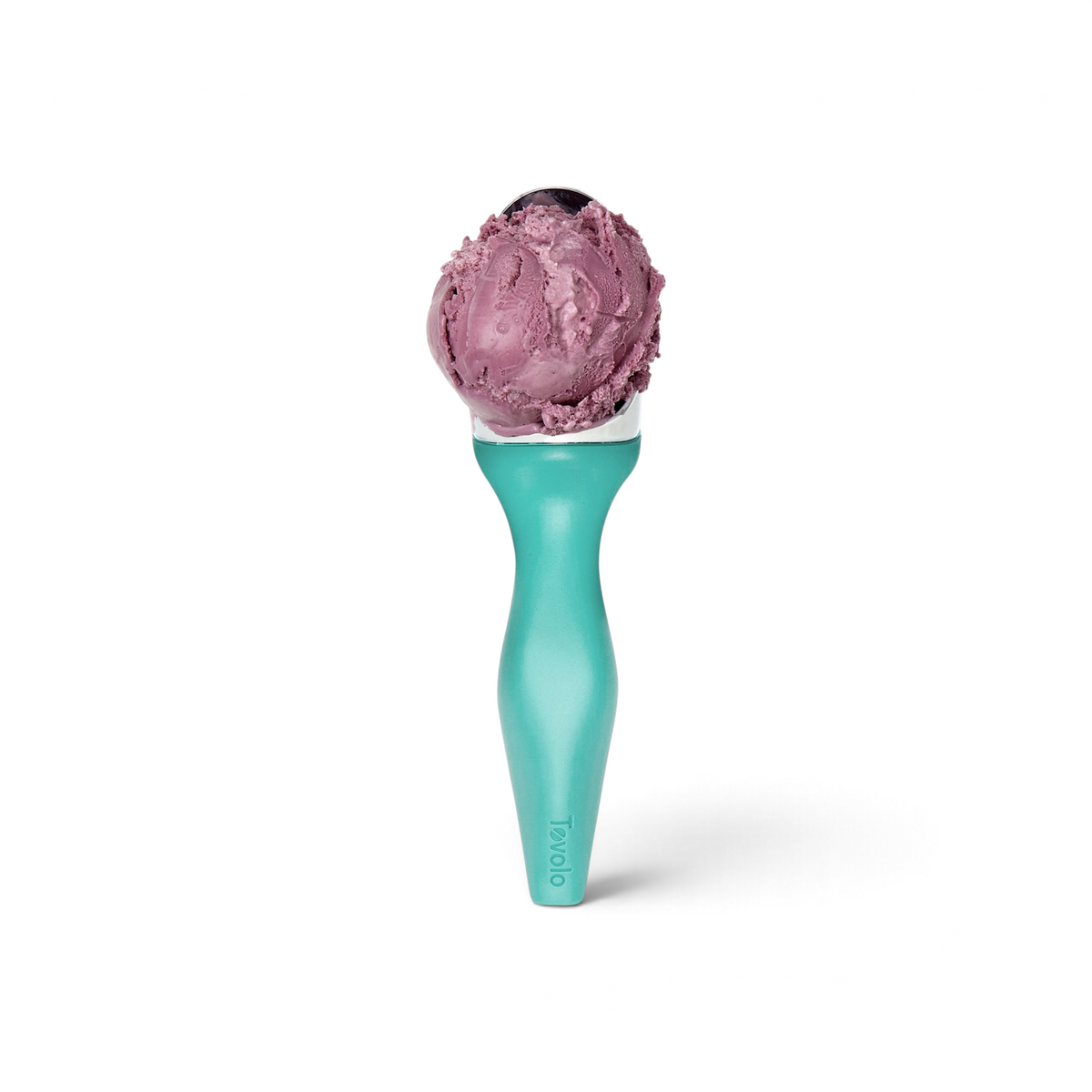 A Tilt Up Ice Cream Scoop made of turquoise zinc alloy holds a single round scoop of purple ice cream against a white background.