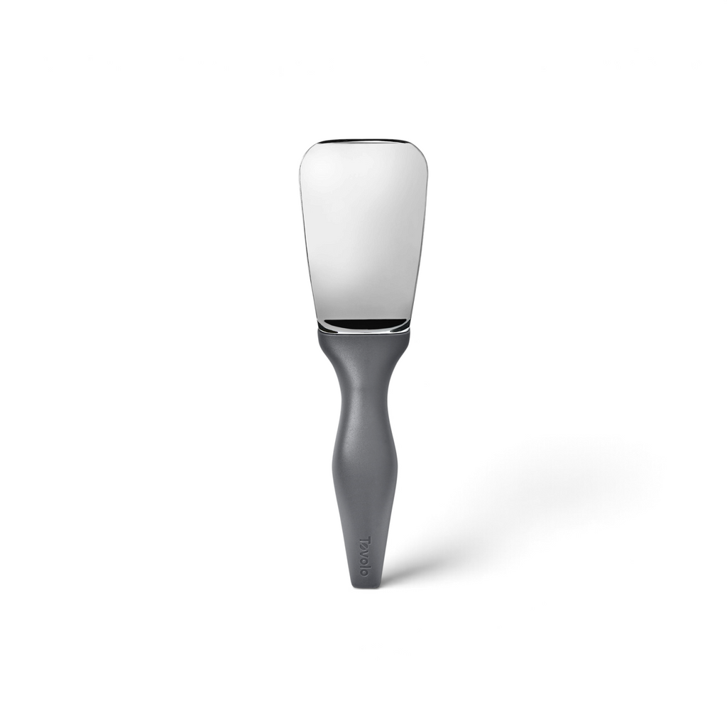 A stainless steel Tilt Up Ice Cream Spade with a wide, flat blade and a smooth, ergonomic gray handle featuring a tilt-up design, photographed on a white background.