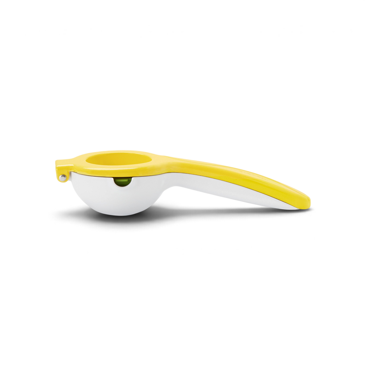 The Squeeze and Pour Citrus Press is a yellow and white handheld juicer with a long handle, mess-free design, and removable seed strainer for efficient lemon or lime juicing.