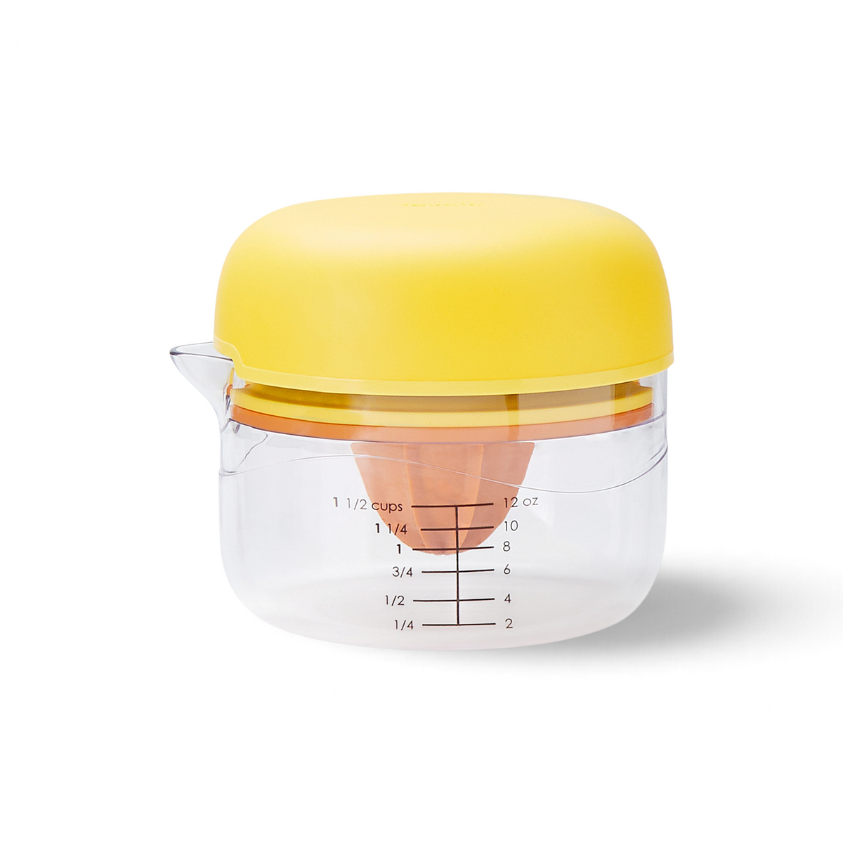 The All-in-One Juicer is a clear plastic citrus juicer with a yellow lid, orange reamer, cup/ounce markings, built-in zester, and a spout for easy pouring.