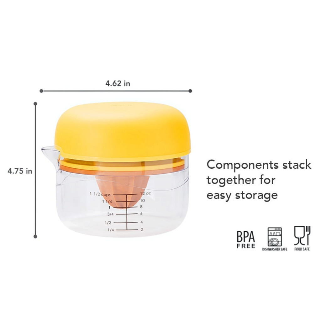 The All-in-One Juicer is a compact, BPA-free citrus juicer with a yellow lid, clear container, measurement markings up to 1.5 cups, stackable 3-in-1 components for easy storage, and is dishwasher safe. Size: 4.62 x 4.75 inches.