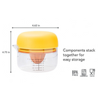 The All-in-One Juicer is a compact, BPA-free citrus juicer with a yellow lid, clear container, measurement markings up to 1.5 cups, stackable 3-in-1 components for easy storage, and is dishwasher safe. Size: 4.62 x 4.75 inches.