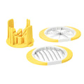 Three yellow and white kitchen gadgets: a Citrus Slicer and Wedger with wedge-shaped stainless steel blades, a fruit or vegetable holder with upright prongs, and a round slicer with parallel blades, all for easy slicing.