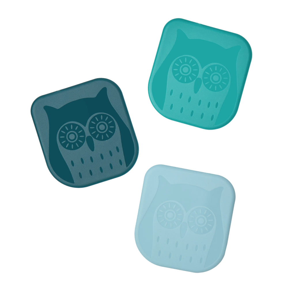 Three square containers in teal and blue with charming owl designs on the lids, ideal for storing your Pan Scrapers or non-stick bakeware accessories, are displayed diagonally against a white background.