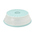 The Collapsible Microwave Food Cover is a round, light blue and white cover made of high heat-resistant plastic with ventilation holes and a top handle, shown resting upside down.