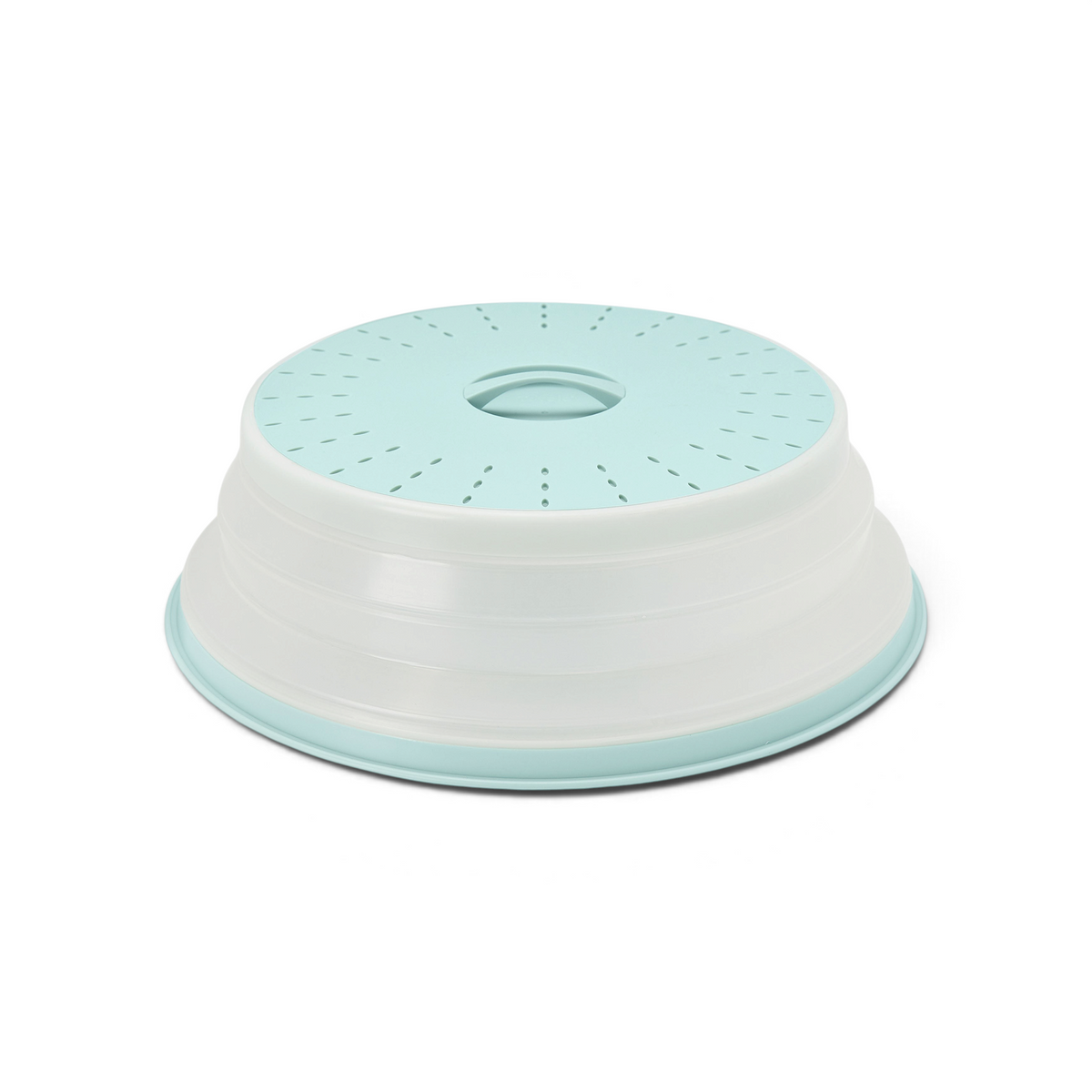The Collapsible Microwave Food Cover is a round, light blue and white cover made of high heat-resistant plastic with ventilation holes and a top handle, shown resting upside down.