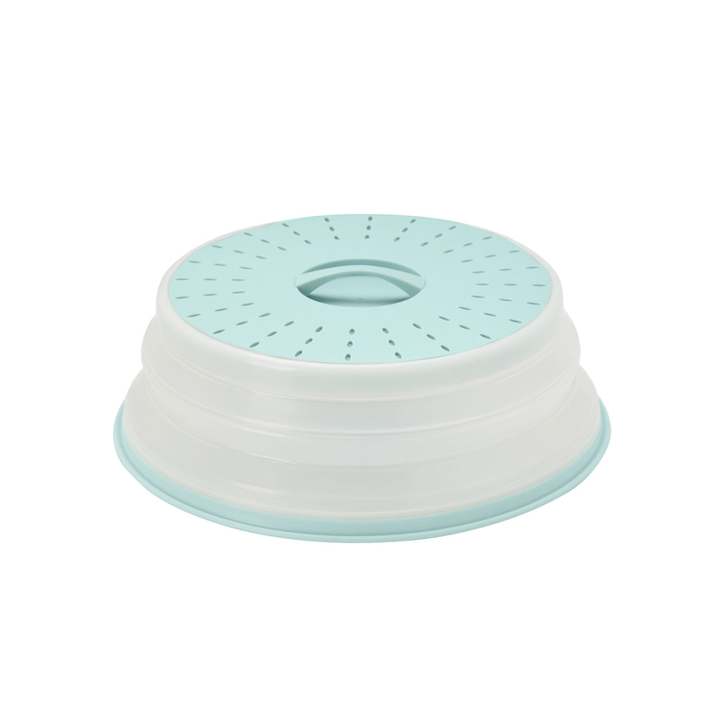 The Collapsible Microwave Food Cover is made of high heat-resistant plastic, with a round, vented light blue lid featuring steam holes, a central handle, and a white and blue collapsible base for convenient storage.